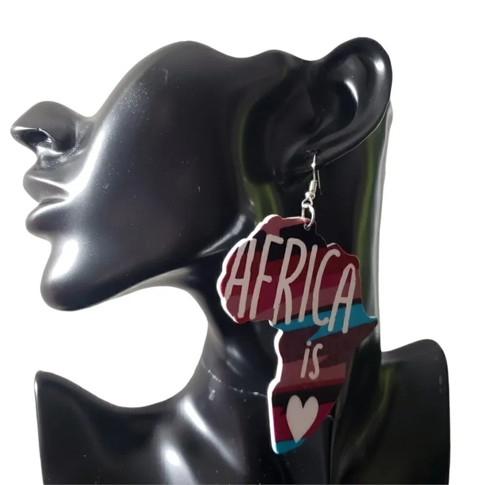 Womens Africa is Love Painted African American Wooden Round Retro Hook Earrings